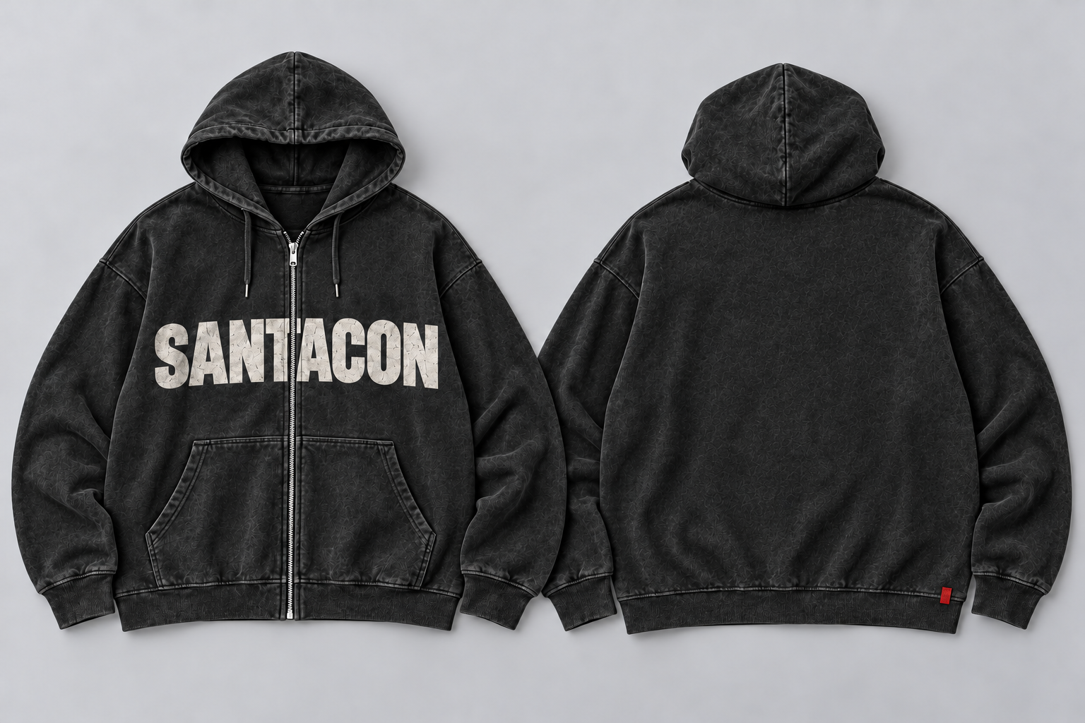 The Night Shift Zip concept: Sun-faded charcoal / Full zip fleece, front and back views