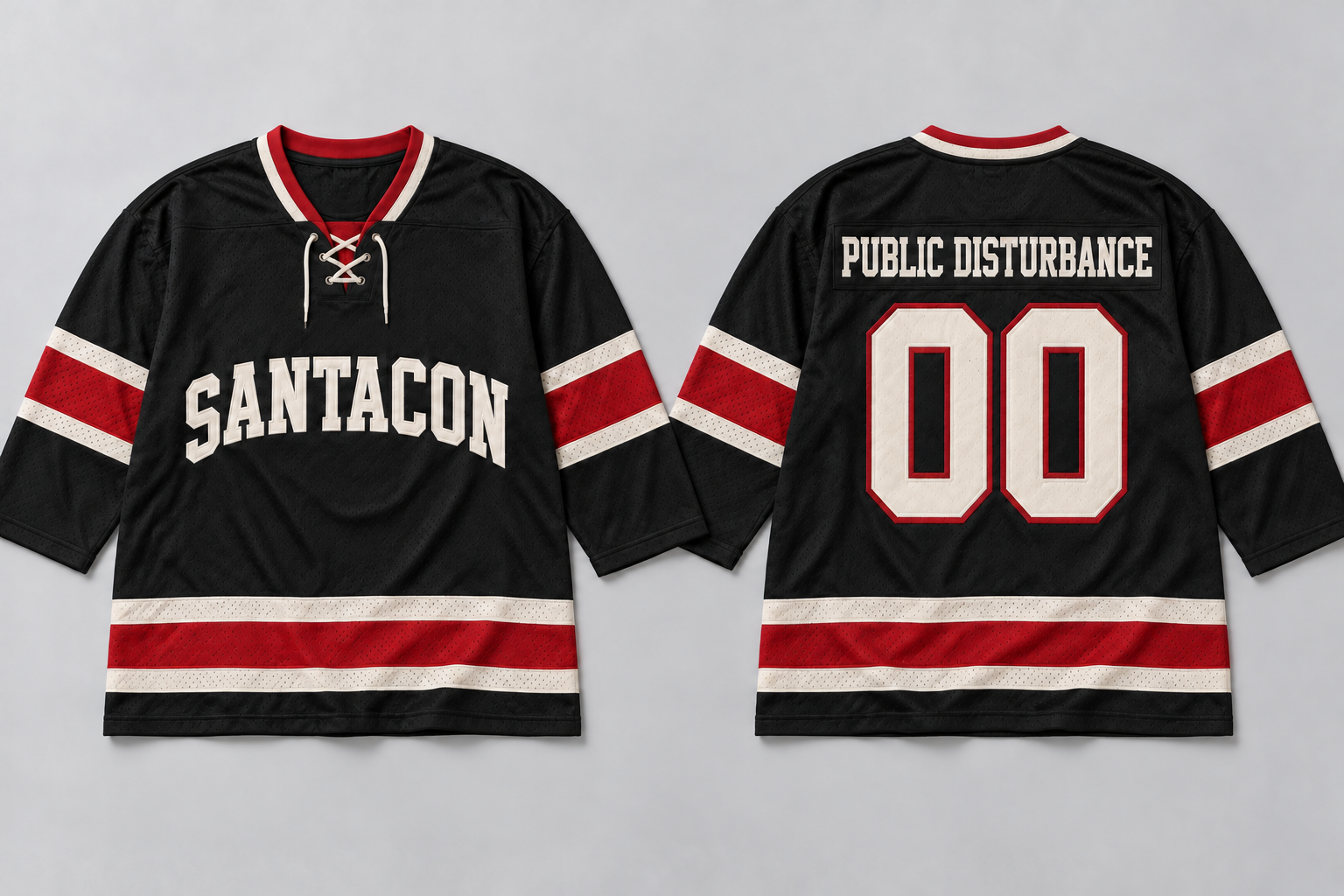 The Away Team Jersey concept: Black + red / Oversized hockey mesh, front and back views