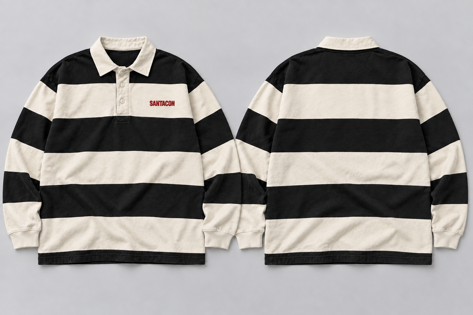 The Bad Neighbor Rugby concept: Ivory + black stripe / Heavy cotton, front and back views