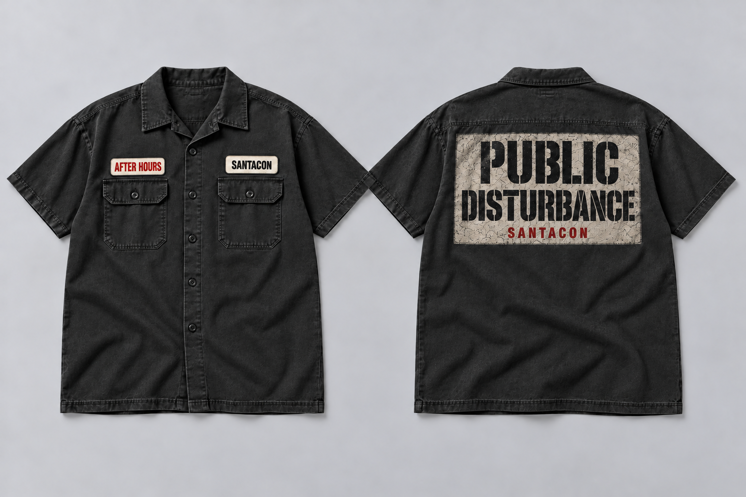 The Public Works Shirt concept: Coal gray / Boxy short sleeve twill, front and back views