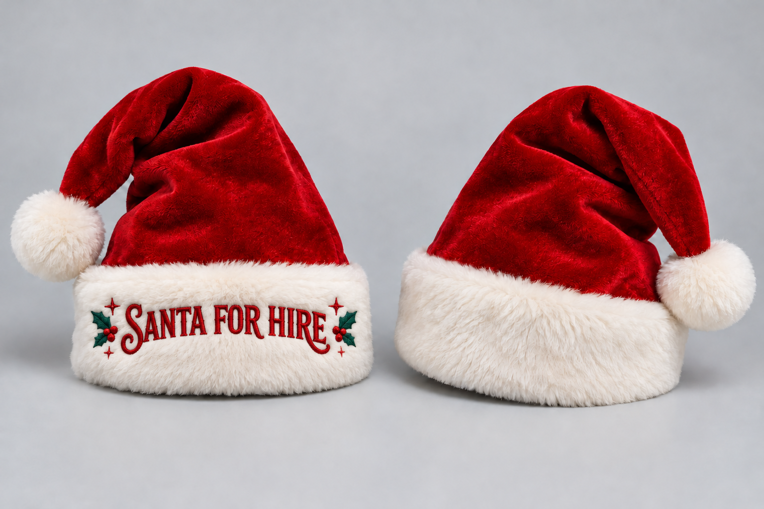Red Santa hat with ivory cuff and festive SANTA FOR HIRE embroidery