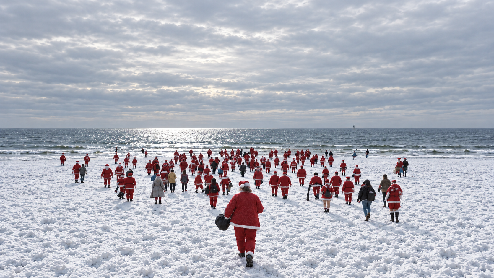 Campaign artwork: a crowd of Santas crossing a snowy beach toward the ocean